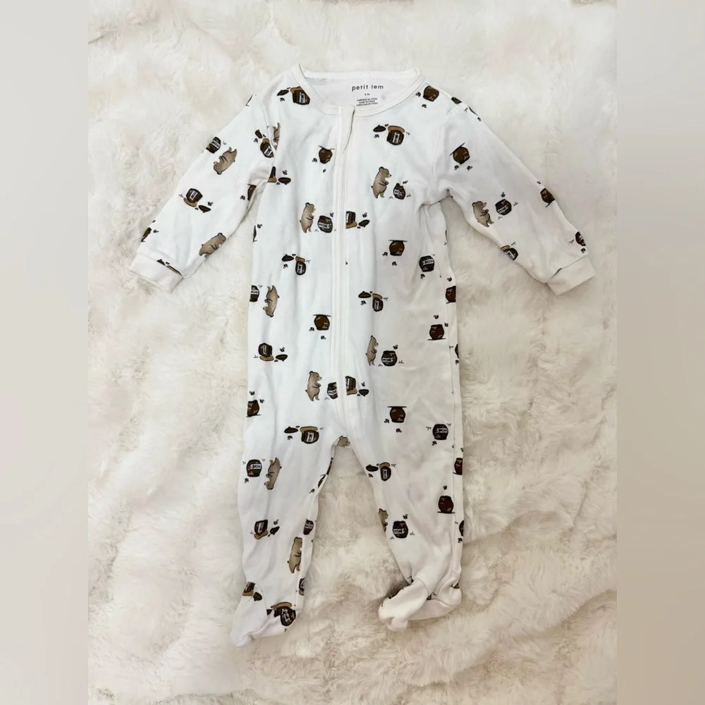 Petit Lem Cub with Honey Print Footie Sleeper 6m
